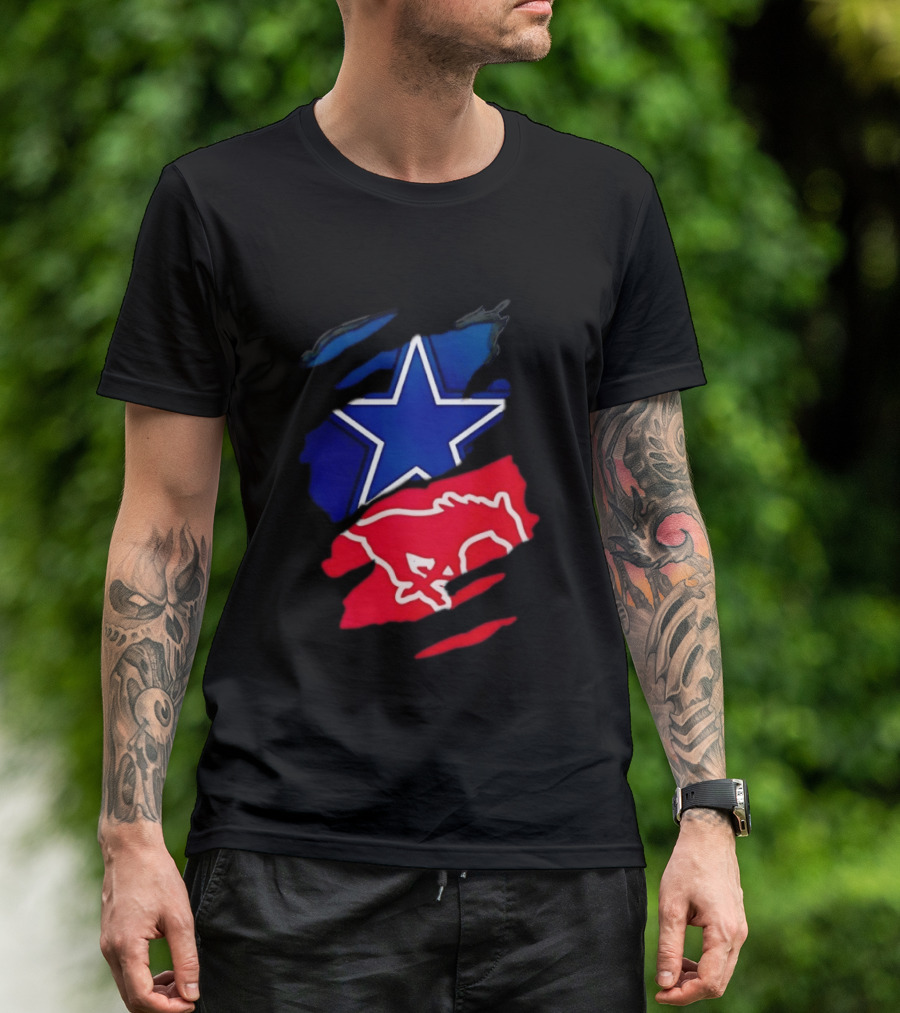 Dallas Cowboys Star And SMU Mustangs Red Ripped Effect T-Shirt