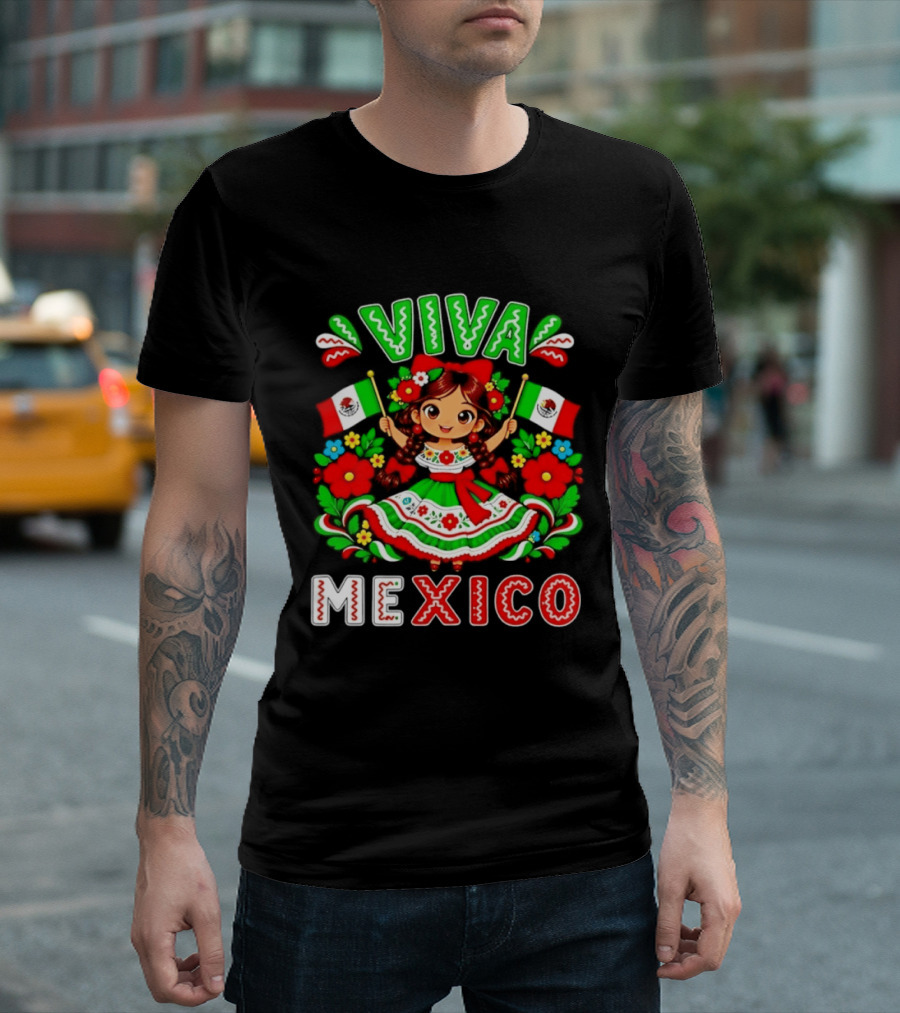 Viva Mexico Traditional Dress Girl With Flags Mexican Celebration T-Shirt