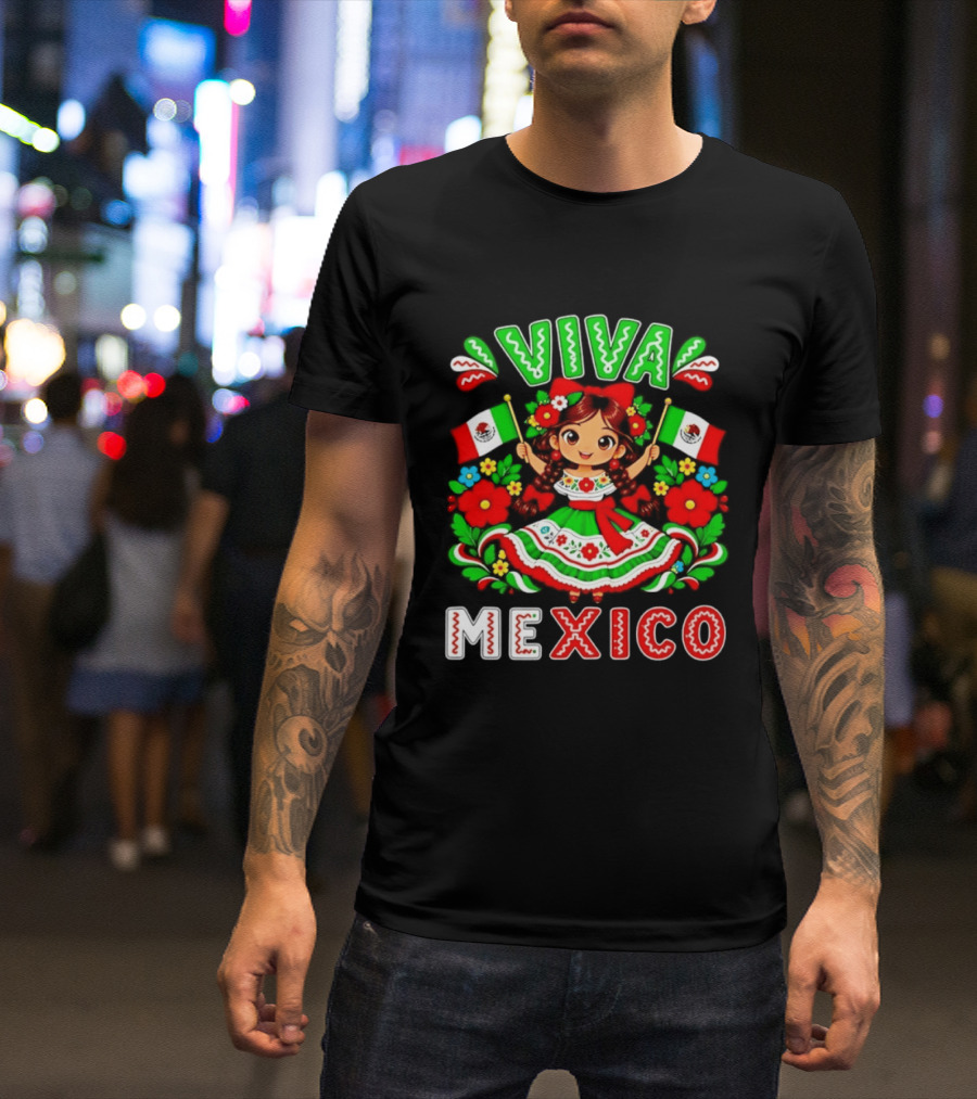 Viva Mexico Traditional Dress Girl With Flags Mexican Celebration T-Shirt