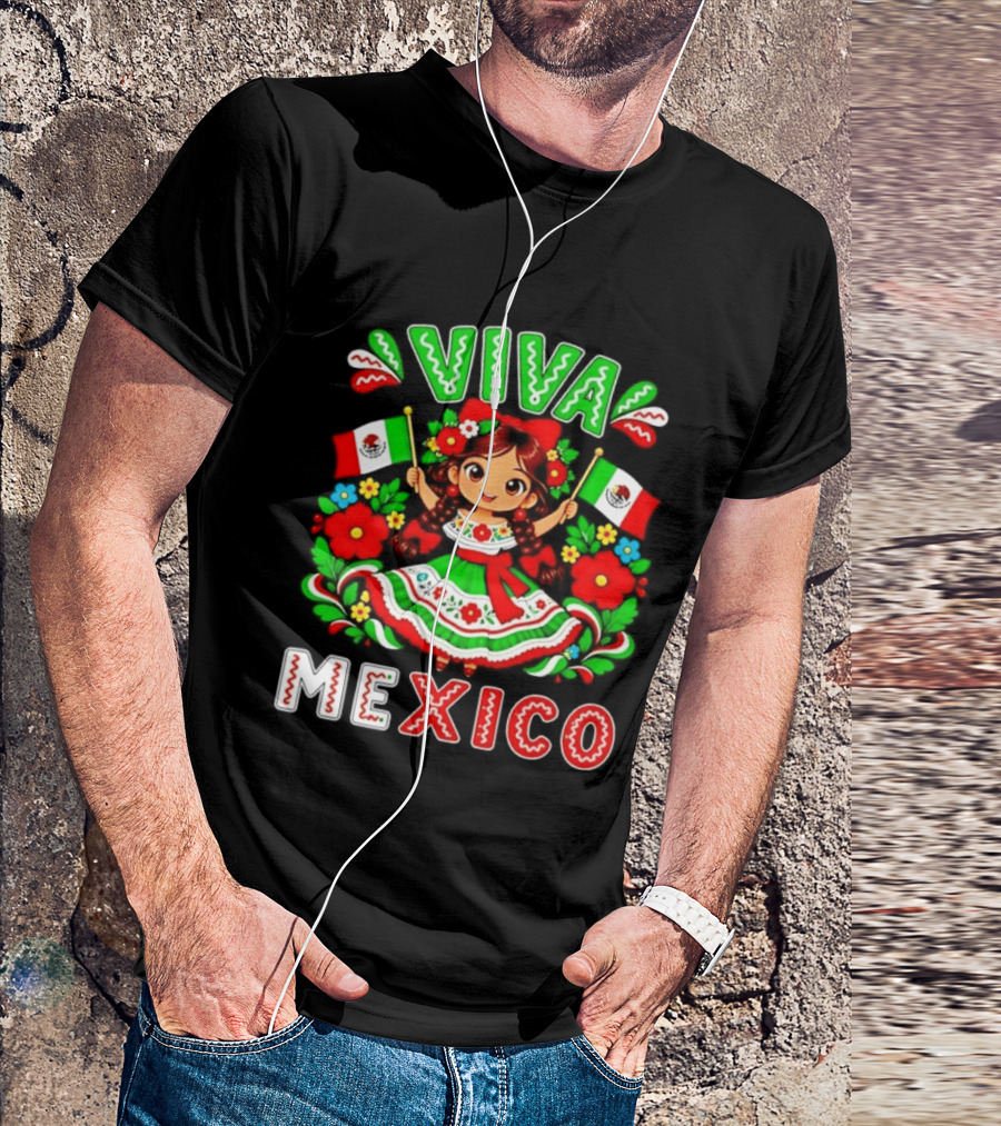 Viva Mexico Traditional Dress Girl With Flags Mexican Celebration T-Shirt