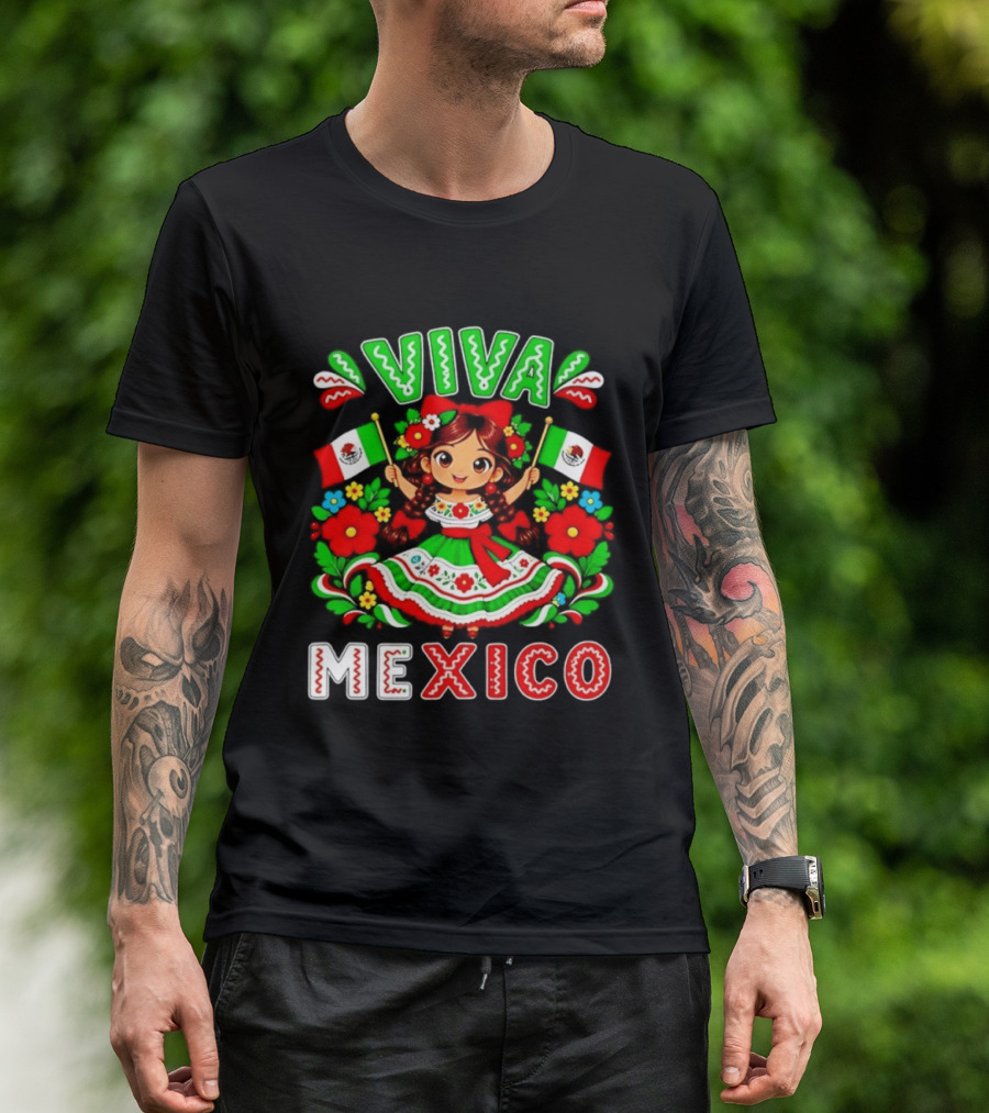 Viva Mexico Traditional Dress Girl With Flags Mexican Celebration T-Shirt