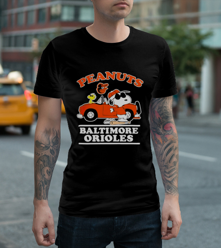 Peanuts Snoopy And Woodstock Driving Baltimore Orioles Car T-Shirt