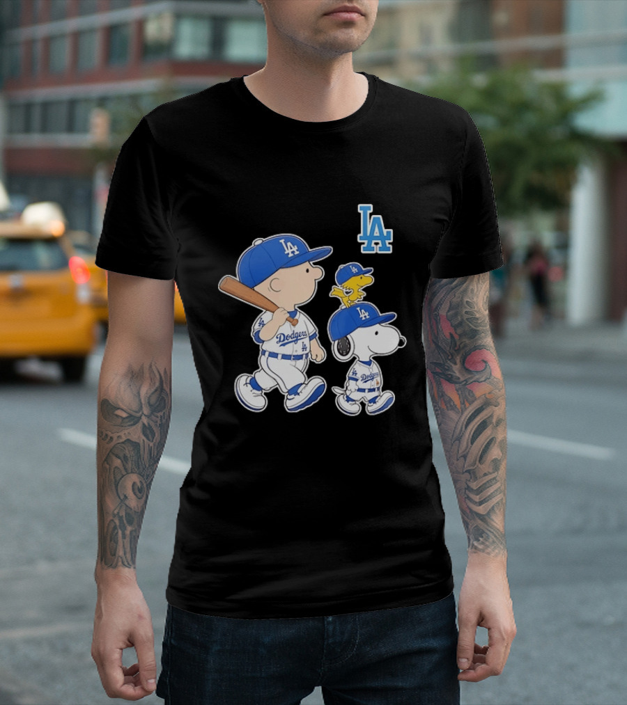 Woodstock Charlie Brown And Snoopy Los Angeles Dodgers Baseball T-Shirt