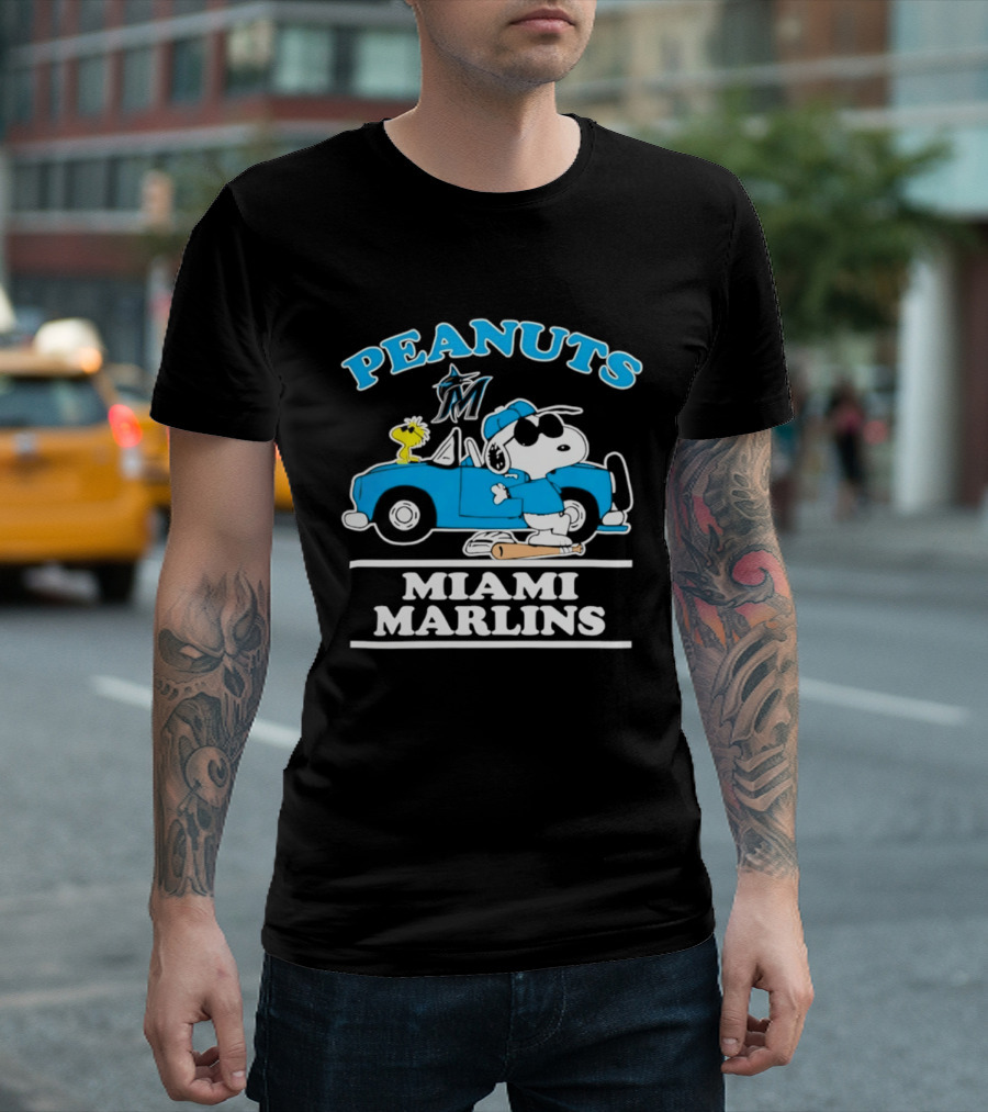 Peanuts Snoopy And Woodstock Miami Marlins Baseball Driving Adventure T-Shirt