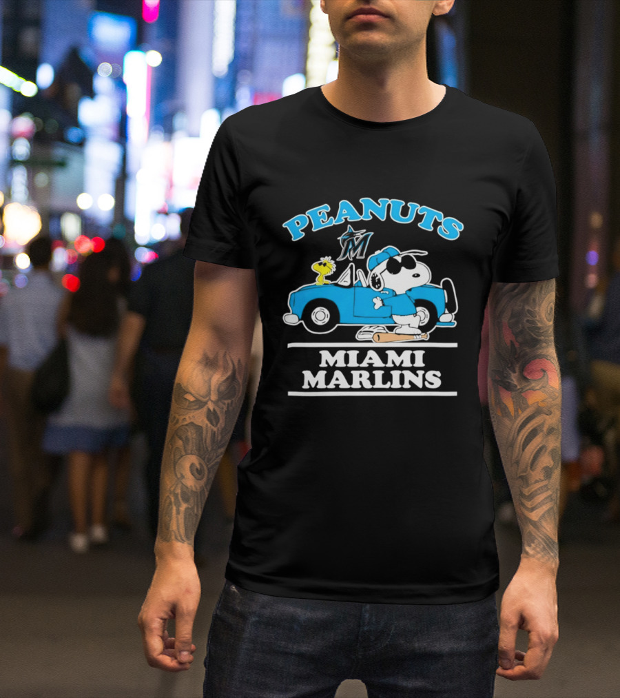 Peanuts Snoopy And Woodstock Miami Marlins Baseball Driving Adventure T-Shirt