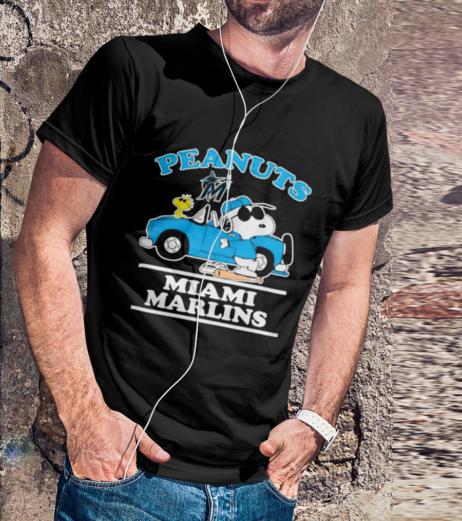 Peanuts Snoopy And Woodstock Miami Marlins Baseball Driving Adventure T-Shirt