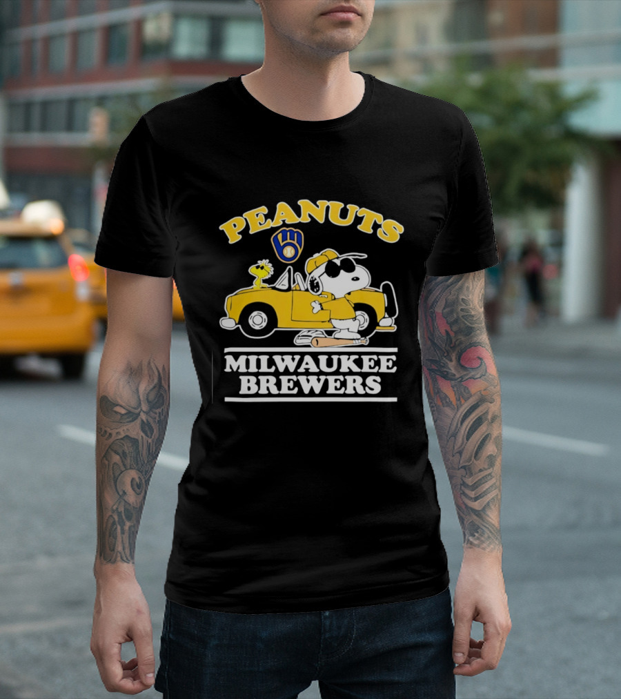 Peanuts Snoopy Woodstock Driving Milwaukee Brewers Baseball T-Shirt