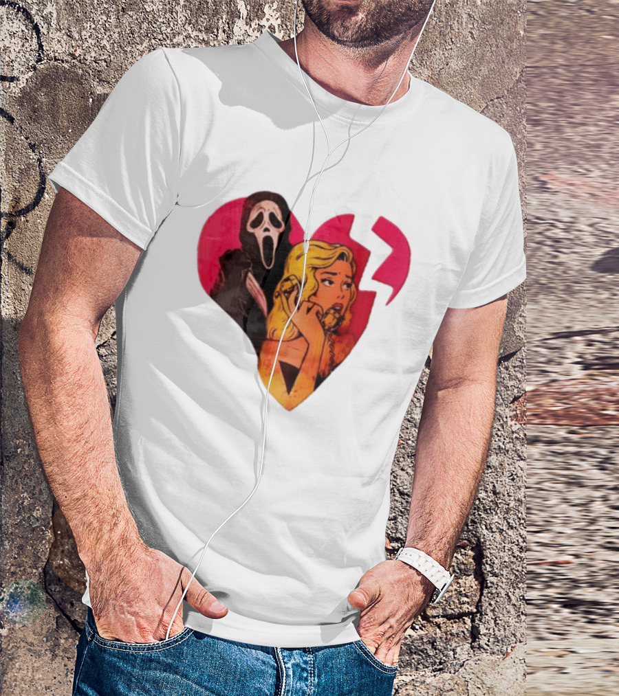 Cartoon Blonde Woman Ghostface Broken Pink Heart Knife Phone T-Shirt