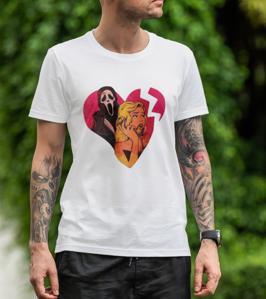 Cartoon Blonde Woman Ghostface Broken Pink Heart Knife Phone T-Shirt