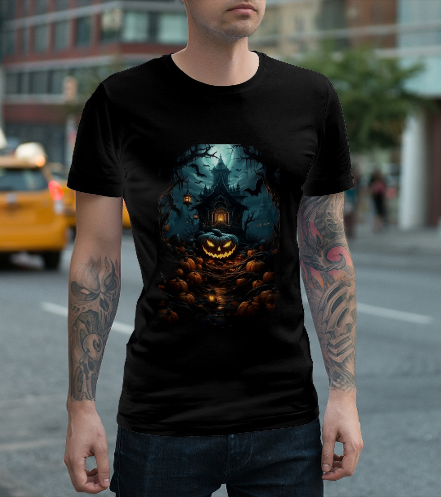 Haunted House Pumpkin Season Halloween Spooky Night Scene With Jack O' Lanterns And Bats T-Shirt