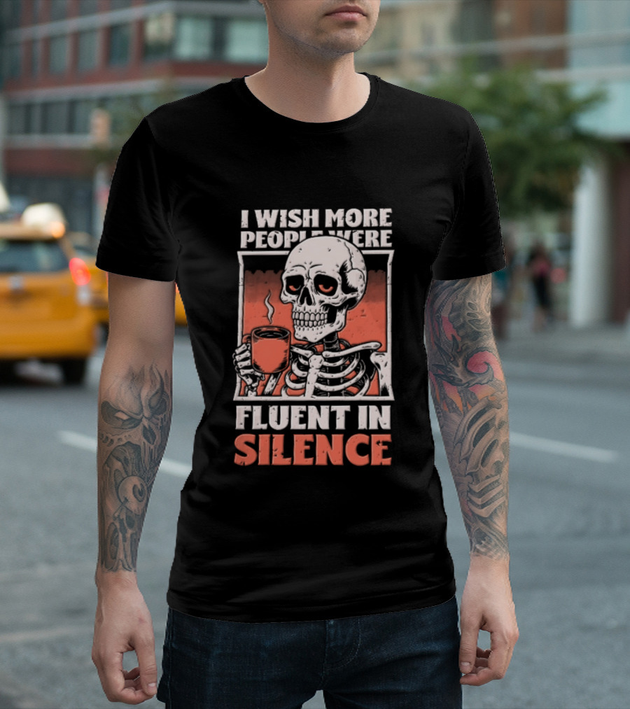 Fluent In Silence Skeleton Holding Coffee Distressed T-Shirt