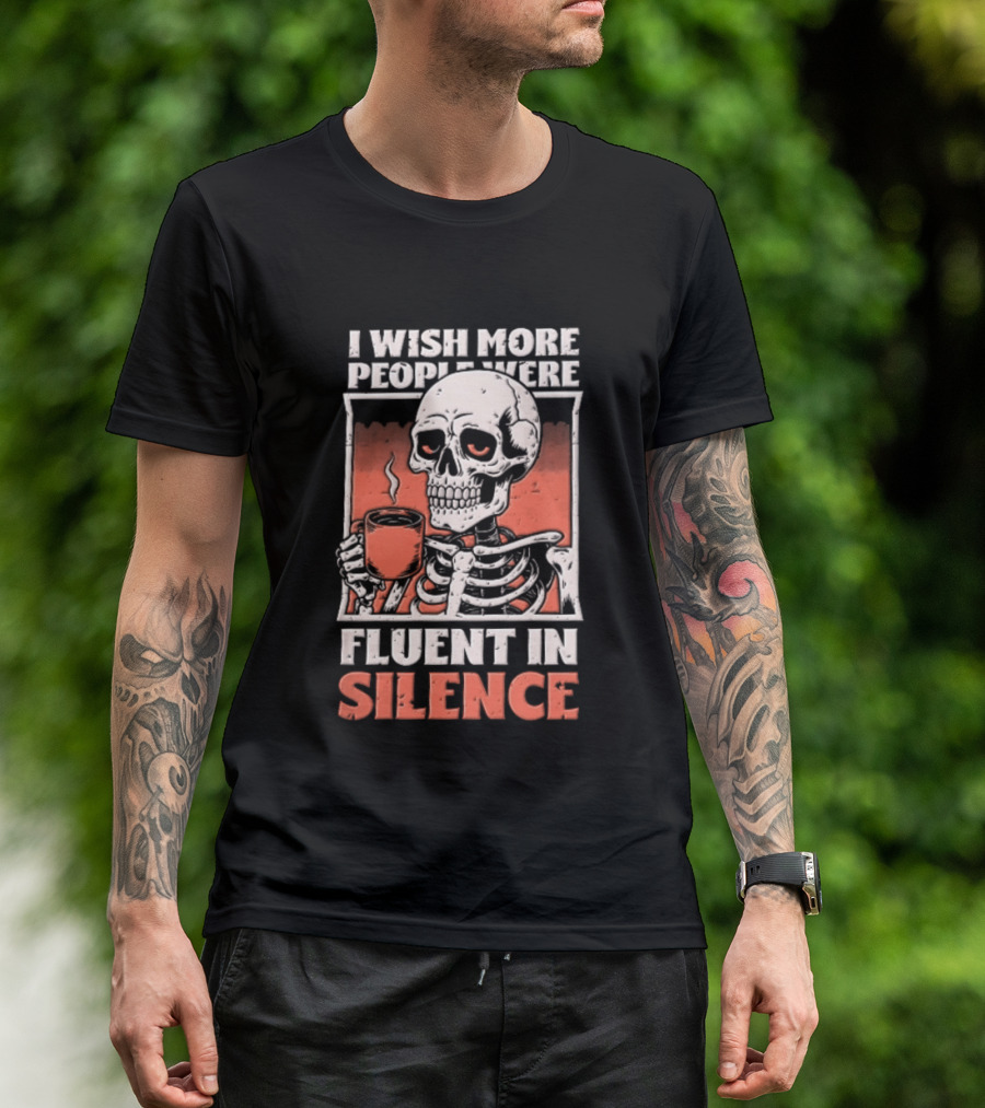 Fluent In Silence Skeleton Holding Coffee Distressed T-Shirt