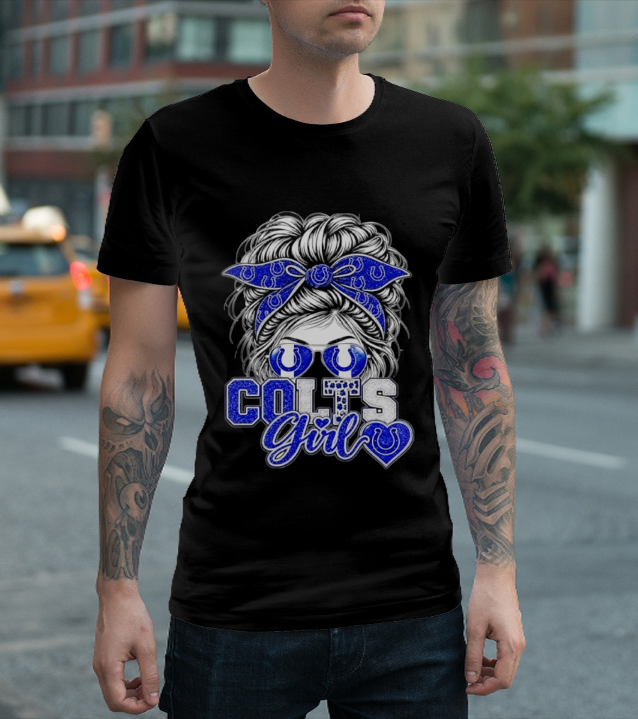 Indianapolis Colts Girl Messy Bun Blue Bandana Sunglasses Fan T-Shirt