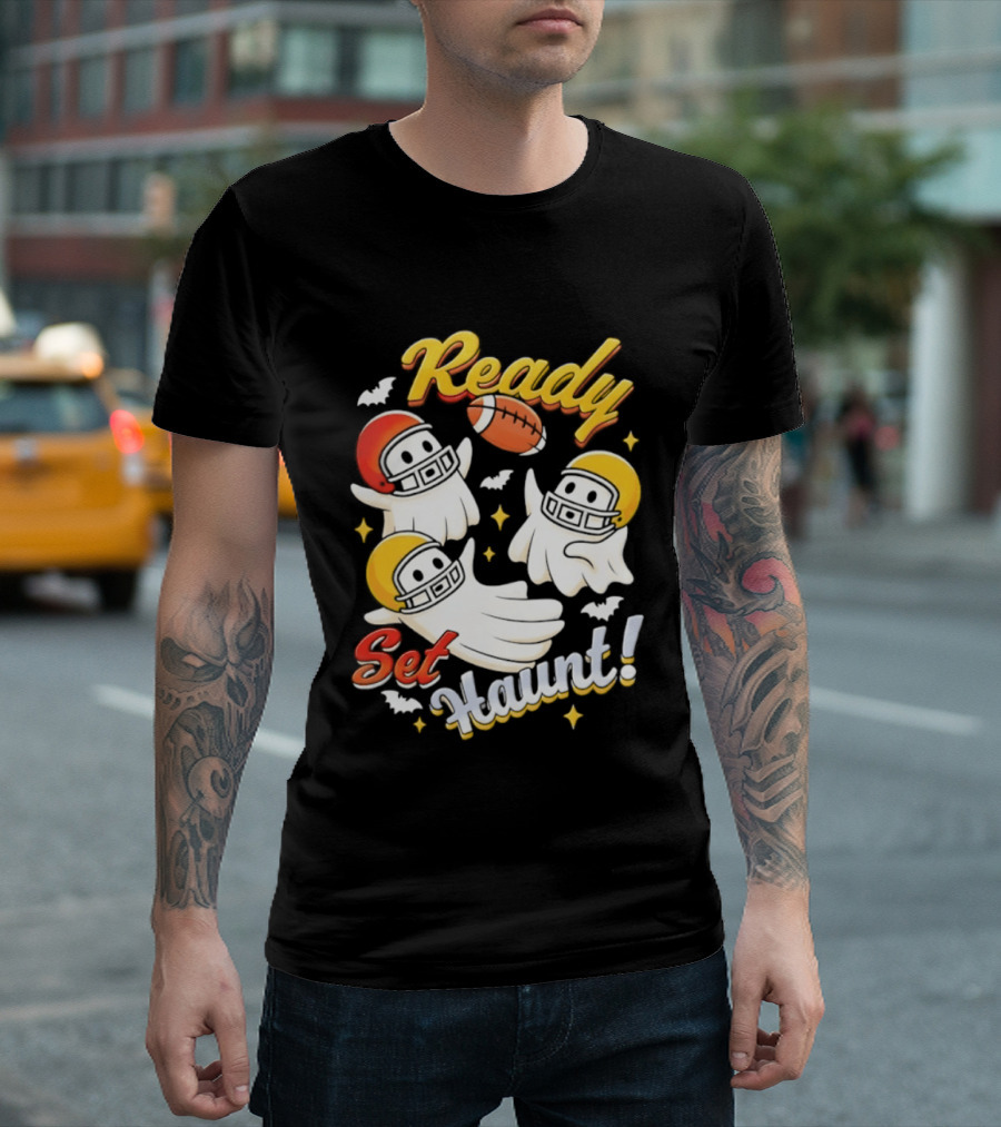 Ready Set Haunt Ghosts Football Helmet Halloween T-Shirt