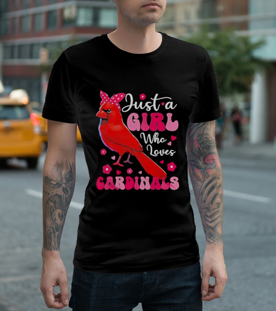Just A Girl Who Loves Cardinals Cardinal Bird Cute Bow Pink Flowers Hearts T-Shirt