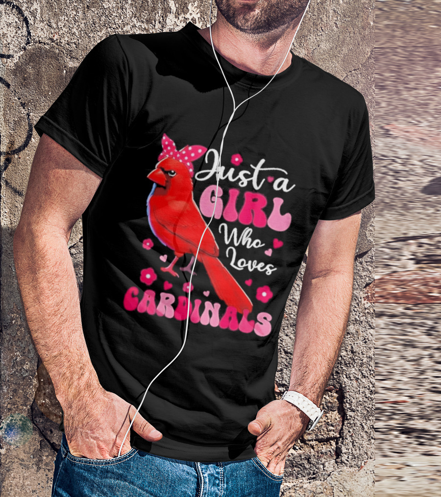 Just A Girl Who Loves Cardinals Cardinal Bird Cute Bow Pink Flowers Hearts T-Shirt