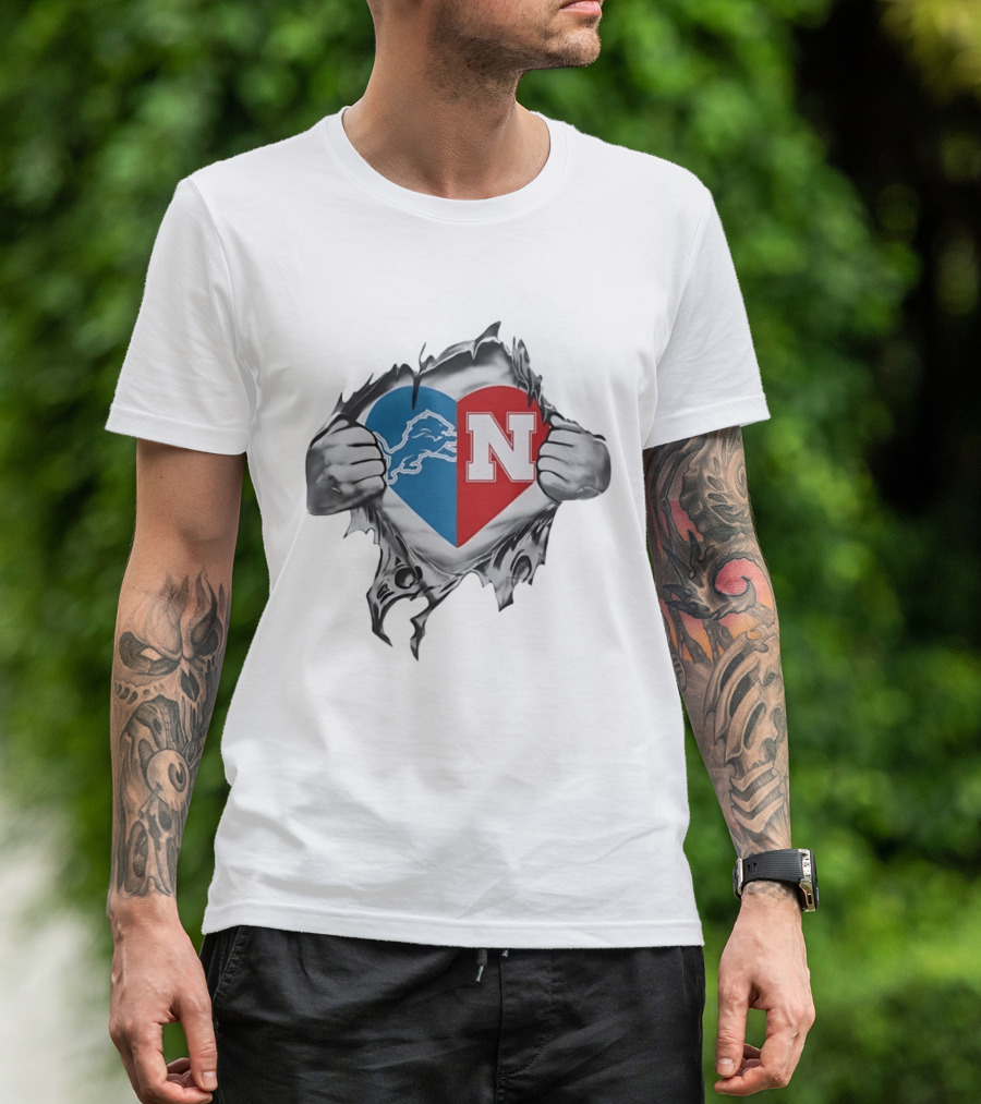 Detroit Lions Nebraska Cornhuskers Heart Logo Fan T-Shirt