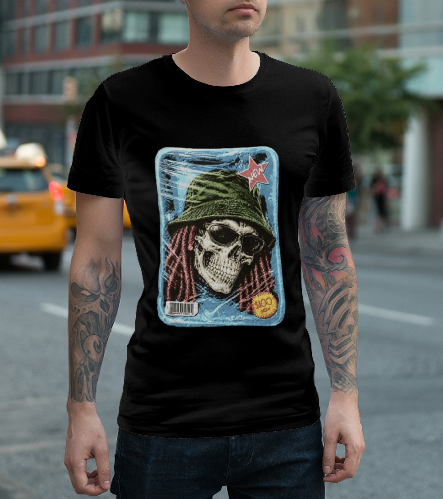 Skull With Dreadlocks Wearing Green Bucket Hat Sunglasses New Star Label T-Shirt