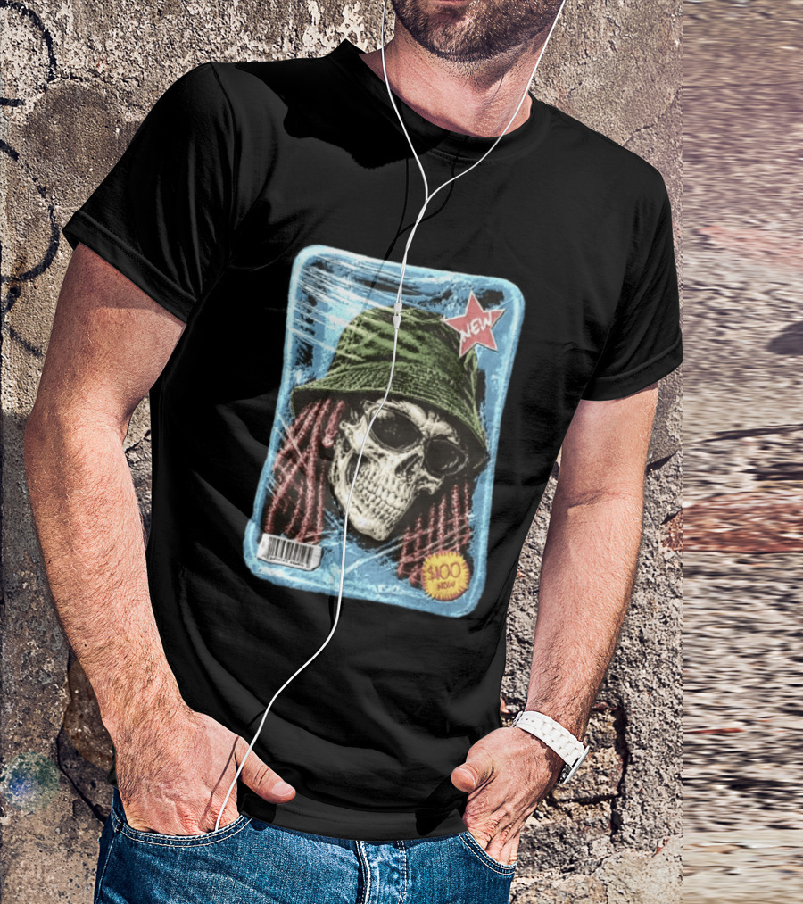 Skull With Dreadlocks Wearing Green Bucket Hat Sunglasses New Star Label T-Shirt