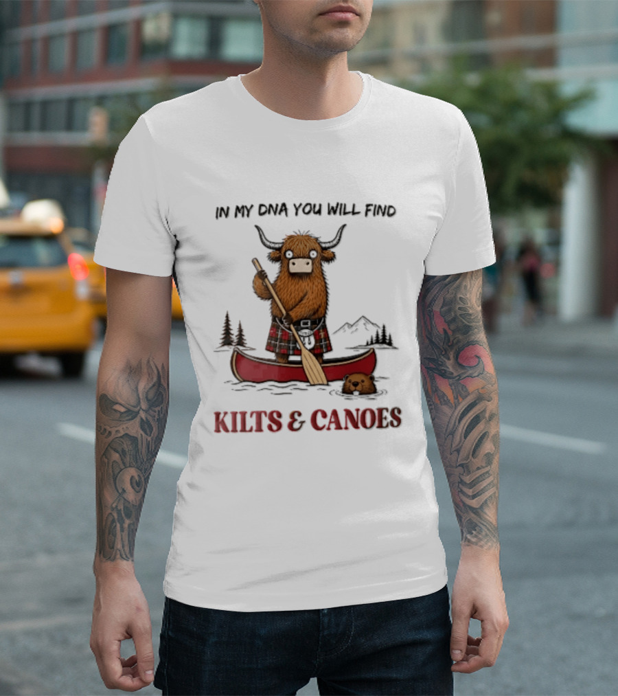 In My DNA You Will Find Kilts And Canoes Cartoon Highland Cow Paddling T-Shirt