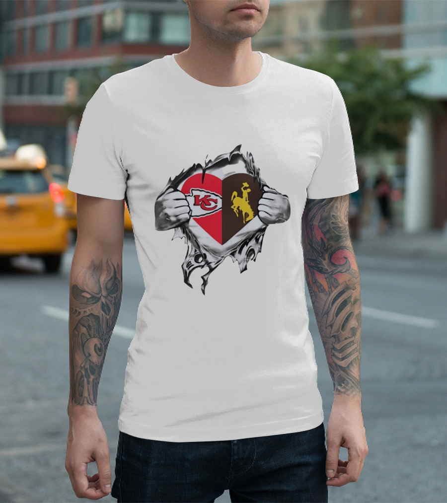 Kansas City Chiefs Wyoming Cowboys Heart Fan Pride Combination T-Shirt