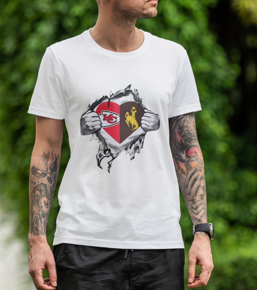 Kansas City Chiefs Wyoming Cowboys Heart Fan Pride Combination T-Shirt