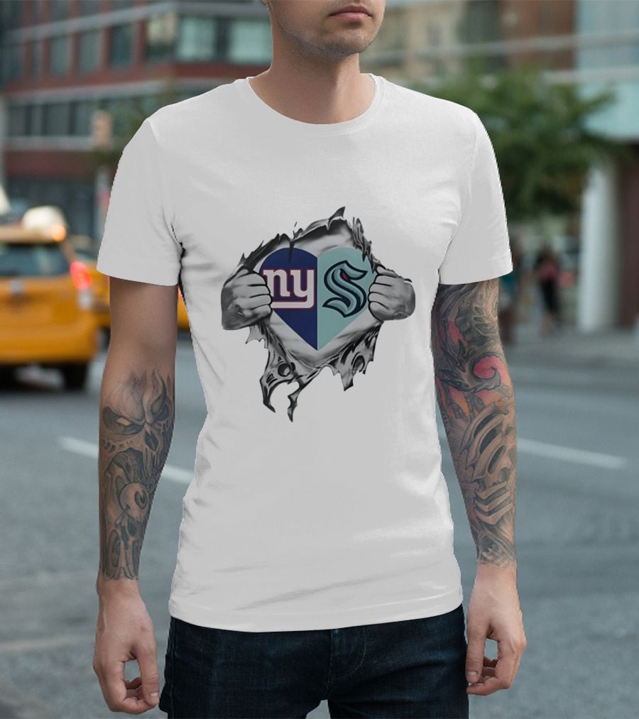 New York Giants Seattle Kraken Fan Heart Fusion T-Shirt