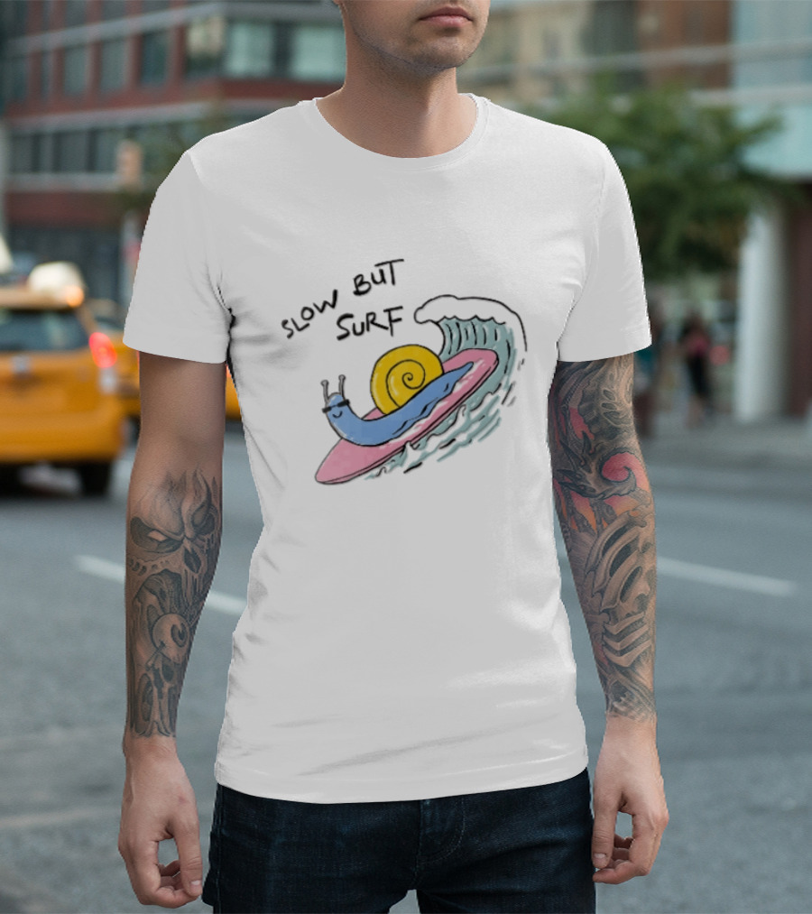 Slow But Surf Cartoon Blue Snail Riding Pink Surfboard Wave T-Shirt