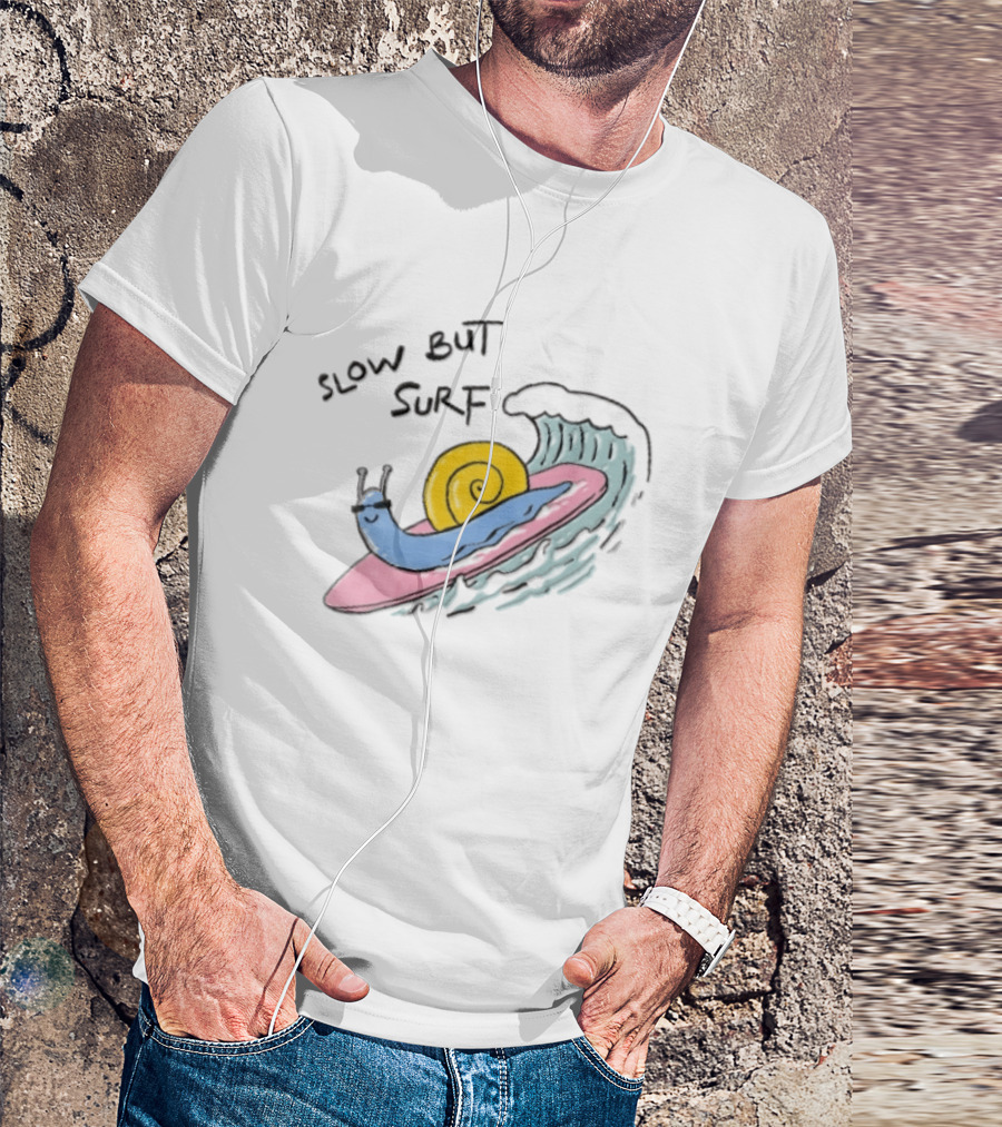 Slow But Surf Cartoon Blue Snail Riding Pink Surfboard Wave T-Shirt