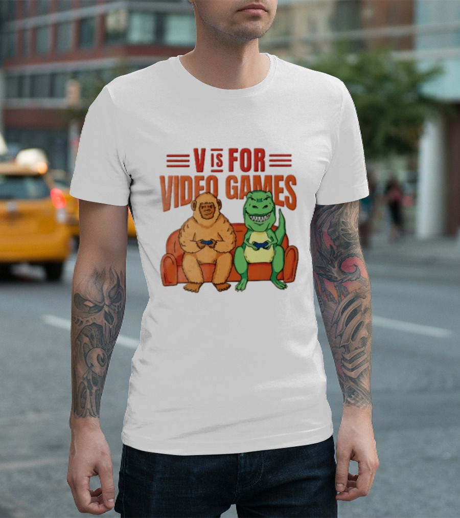 V Is For Video Games Sasquatch Dinosaur Couch Controllers Cartoon T-Shirt