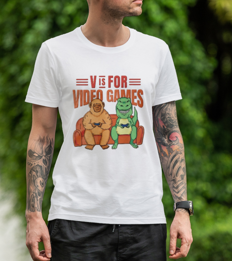 V Is For Video Games Sasquatch Dinosaur Couch Controllers Cartoon T-Shirt