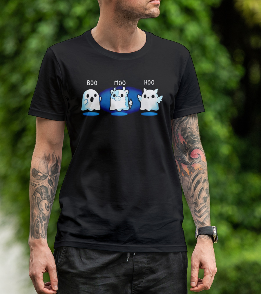 Boo Moo Hoo Halloween Ghost Cow And Owl Fun T-Shirt