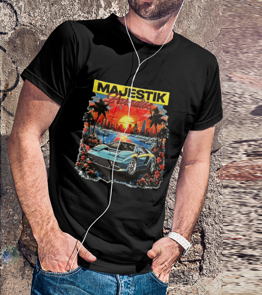 Majestik Paradise Lamborghini Countach Miami Skyline Sunset Beach City T-Shirt