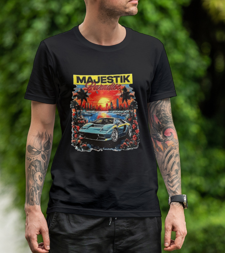 Majestik Paradise Lamborghini Countach Miami Skyline Sunset Beach City T-Shirt