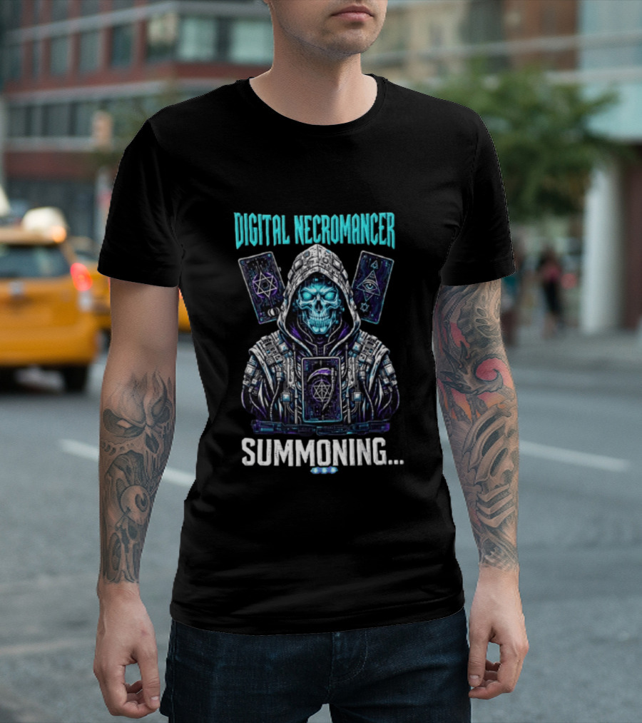 Digital Necromancer Summoning Cyber Skull Tarot Cards T-Shirt