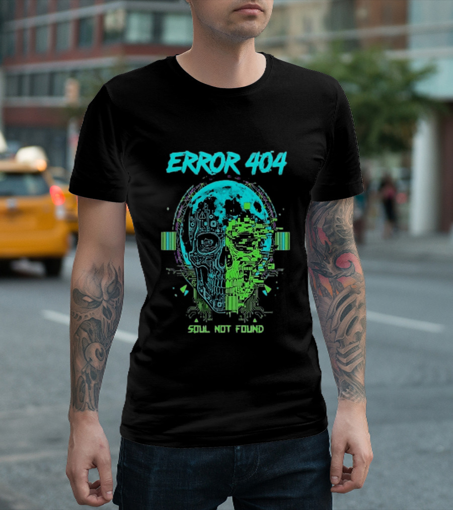 Error 404 Soul Not Found Cyber Skull Glitch Retro Tech Aesthetic T-Shirt