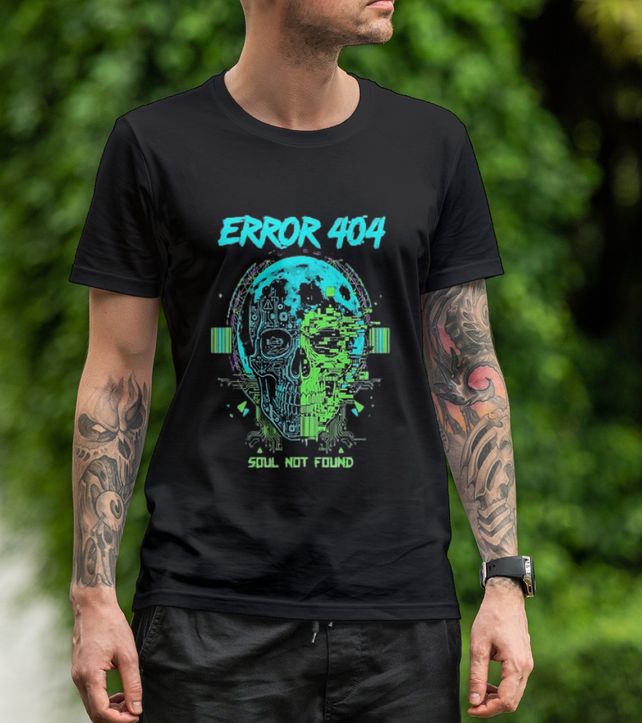 Error 404 Soul Not Found Cyber Skull Glitch Retro Tech Aesthetic T-Shirt