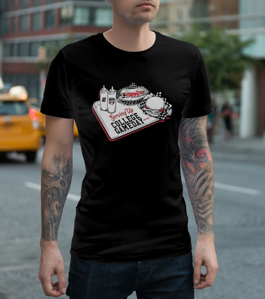 Espn Serving Up College Gameday Since 1987 Food Tray Hot Dog Burger Sketch T-Shirt