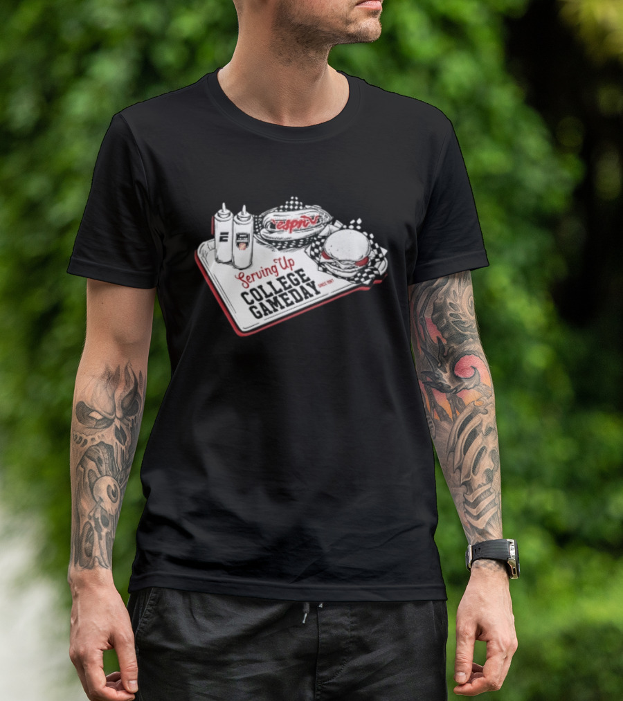 Espn Serving Up College Gameday Since 1987 Food Tray Hot Dog Burger Sketch T-Shirt