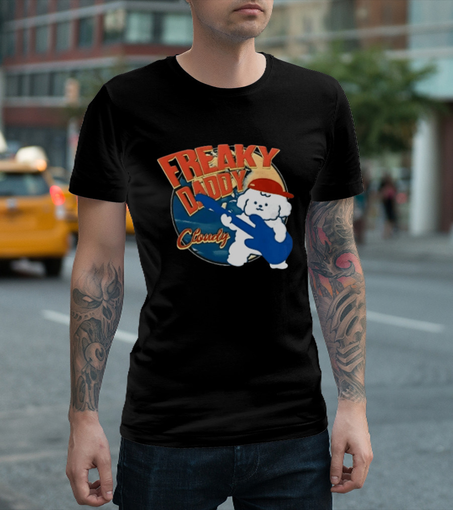 Freaky Daddy Cloudy Cartoon Dog Red Cap Playing Guitar T-Shirt