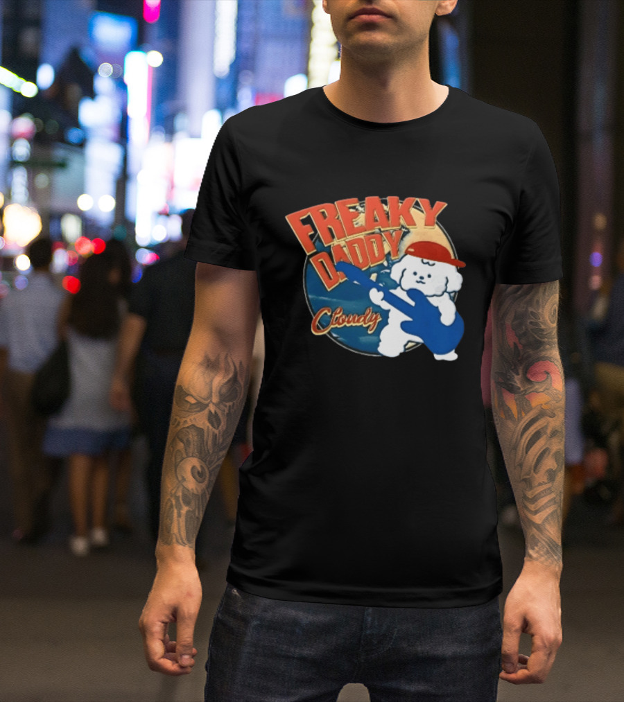 Freaky Daddy Cloudy Cartoon Dog Red Cap Playing Guitar T-Shirt