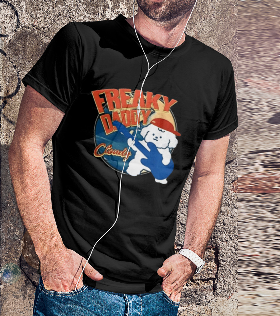 Freaky Daddy Cloudy Cartoon Dog Red Cap Playing Guitar T-Shirt