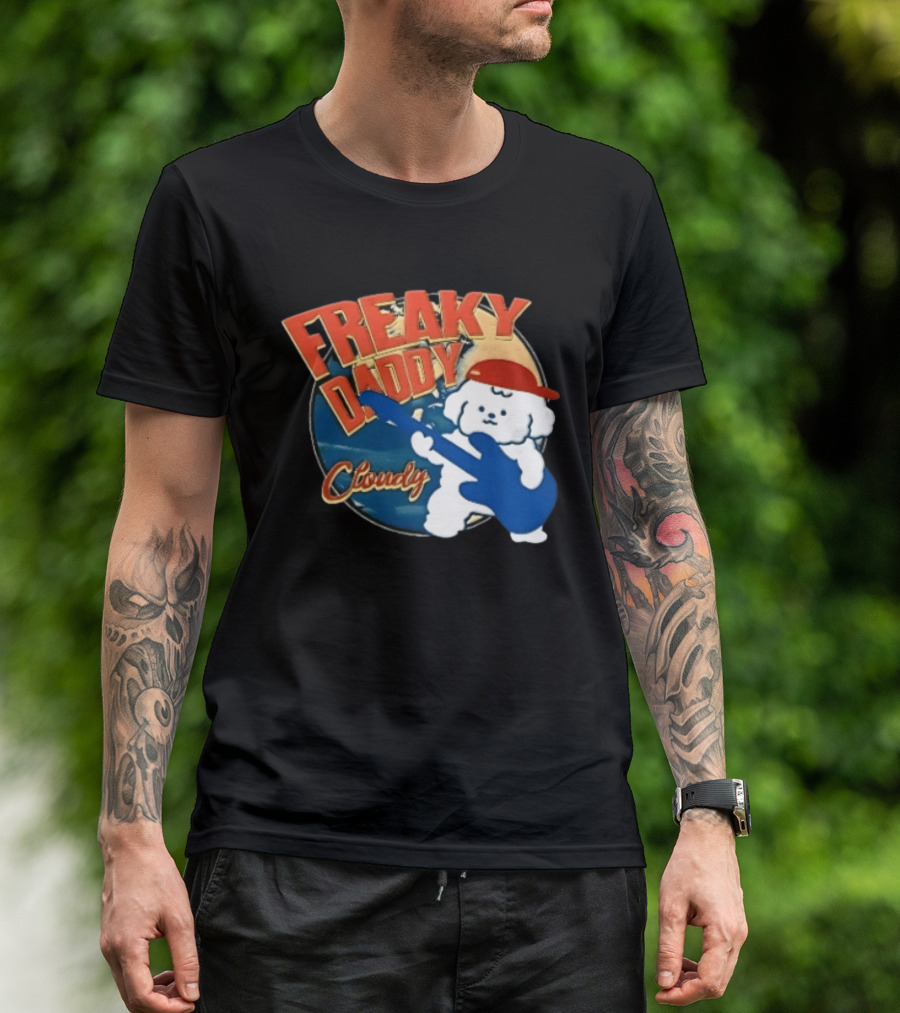 Freaky Daddy Cloudy Cartoon Dog Red Cap Playing Guitar T-Shirt