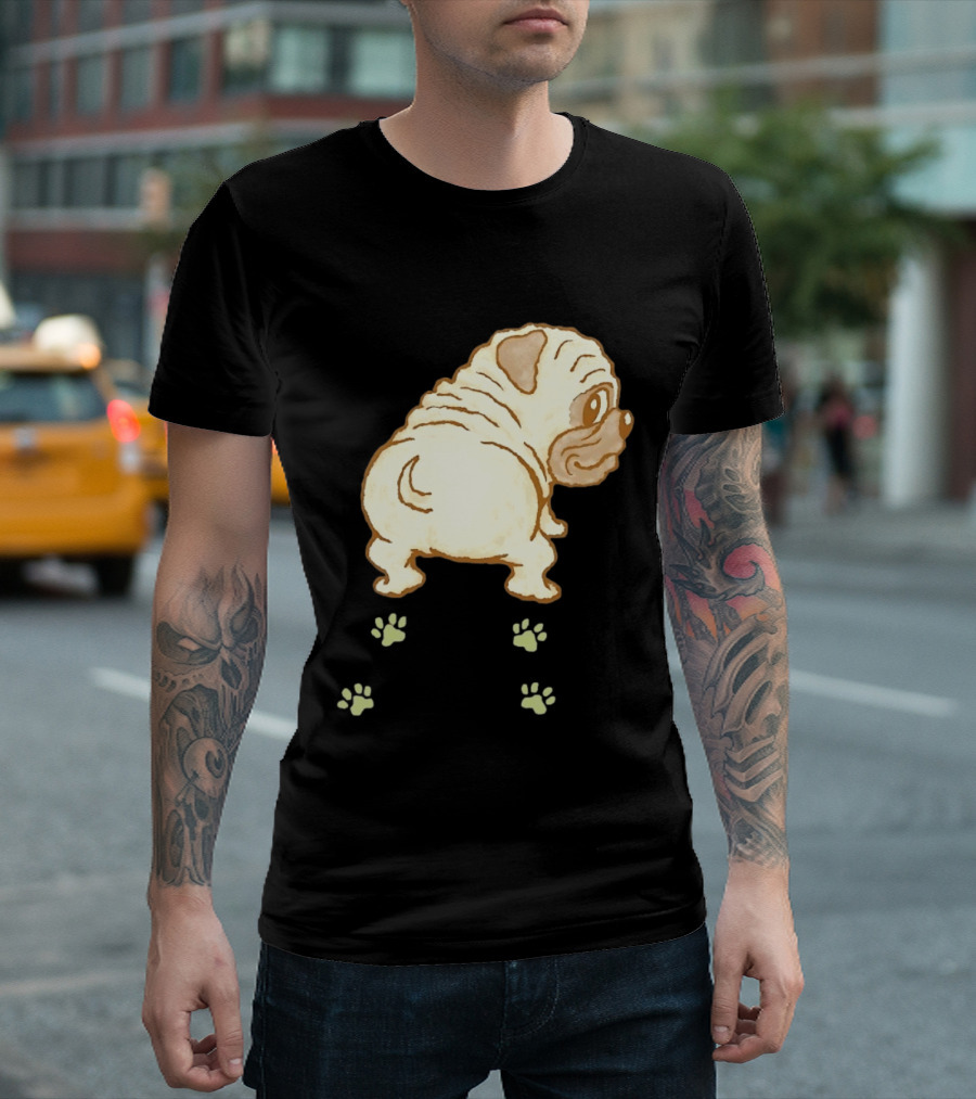 Pug Looking Back With Paw Prints Dog Cute Canine T-Shirt