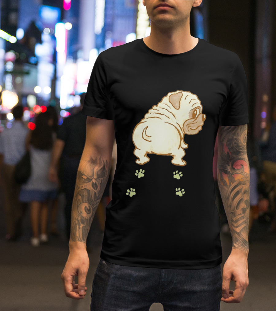 Pug Looking Back With Paw Prints Dog Cute Canine T-Shirt