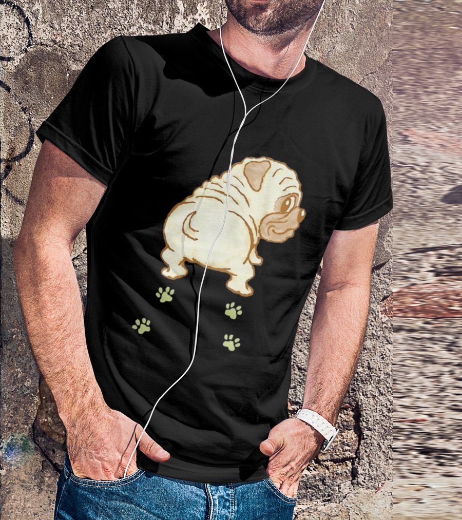 Pug Looking Back With Paw Prints Dog Cute Canine T-Shirt