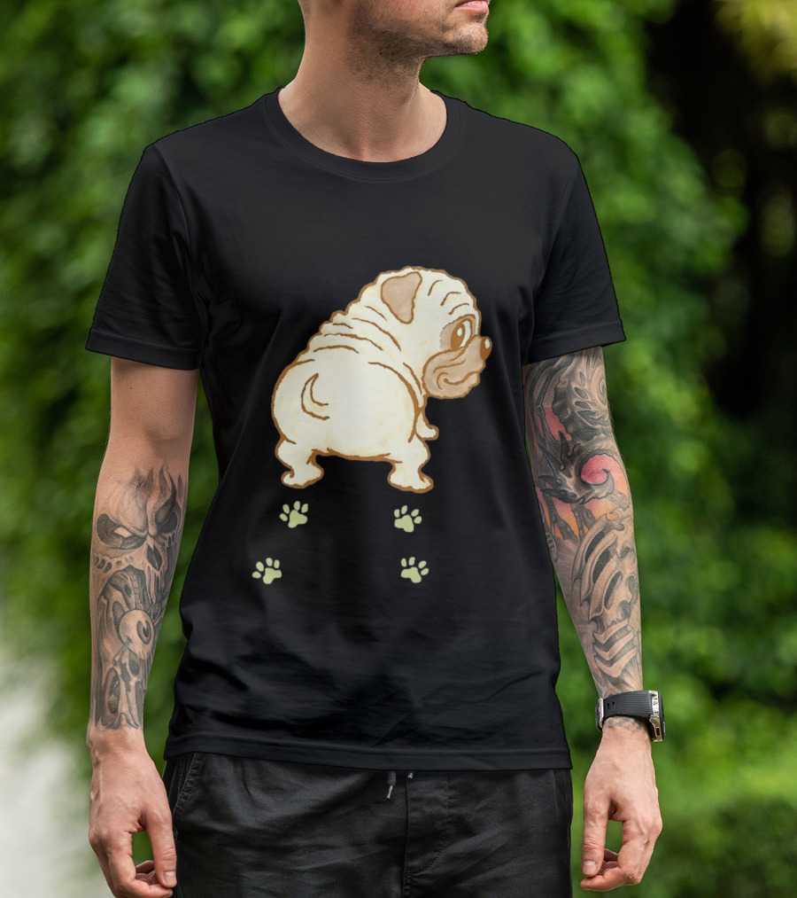 Pug Looking Back With Paw Prints Dog Cute Canine T-Shirt