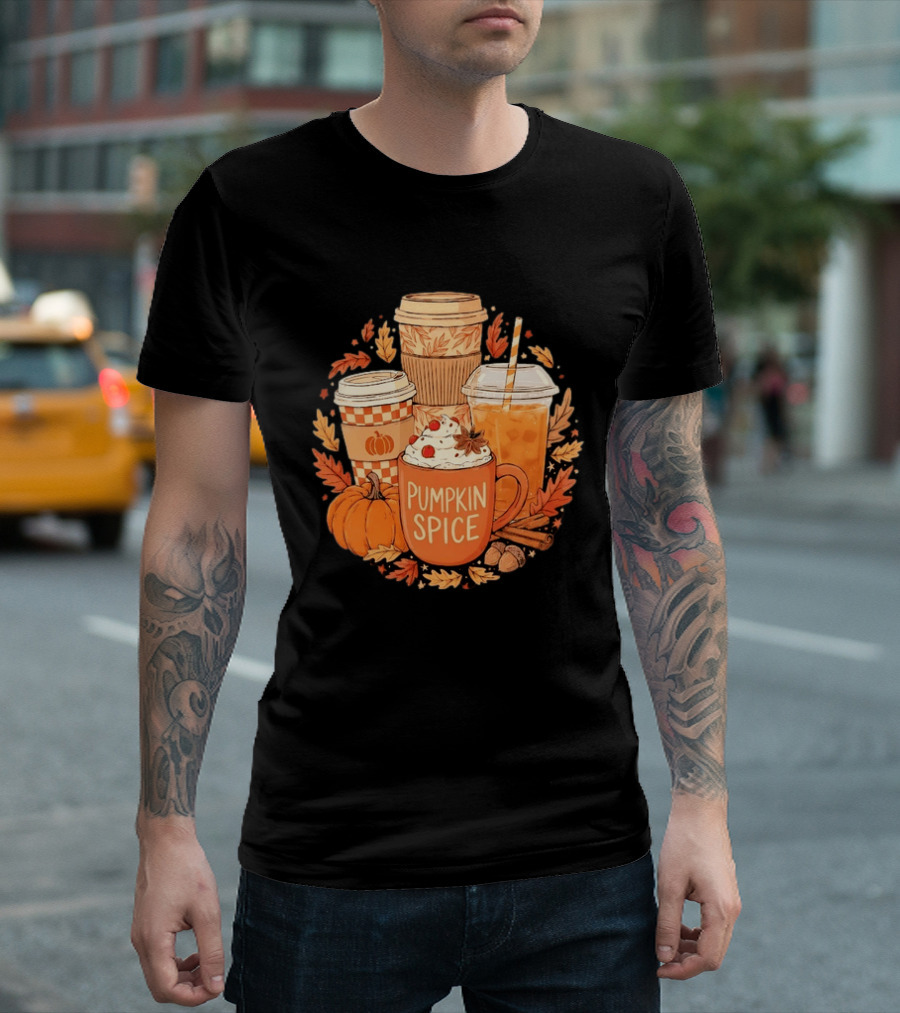 Pumpkin Spice Fall Coffee Drinks Autumn Leaves Acorns Cinnamon Sticks T-Shirt