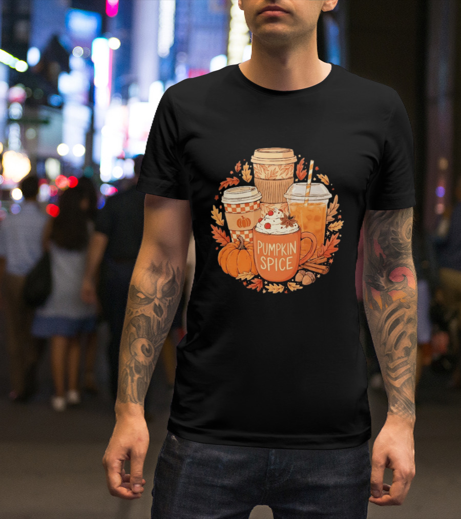 Pumpkin Spice Fall Coffee Drinks Autumn Leaves Acorns Cinnamon Sticks T-Shirt