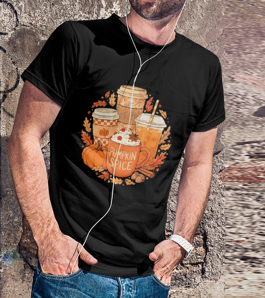 Pumpkin Spice Fall Coffee Drinks Autumn Leaves Acorns Cinnamon Sticks T-Shirt
